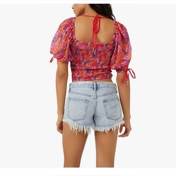 Free People Back on top Crop‎ smocked mesh floral back tie top size XS new - Picture 6 of 8